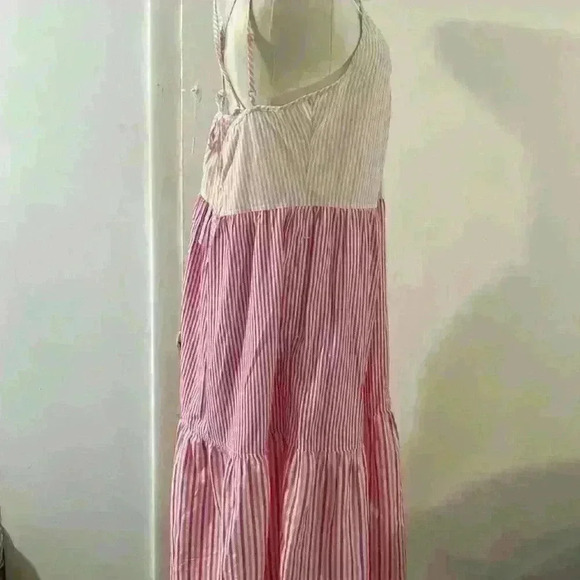 Free Assembly Cotton Pink Striped Tiered Double Strap Maxi Sundress Size S - Picture 4 of 9